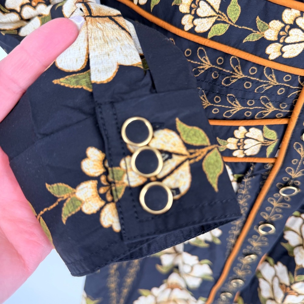 Farm Rio Black Embroidered Flowers Topstitching Long Sleeve Mini Dress Boho NEW - Picture 7 of 13